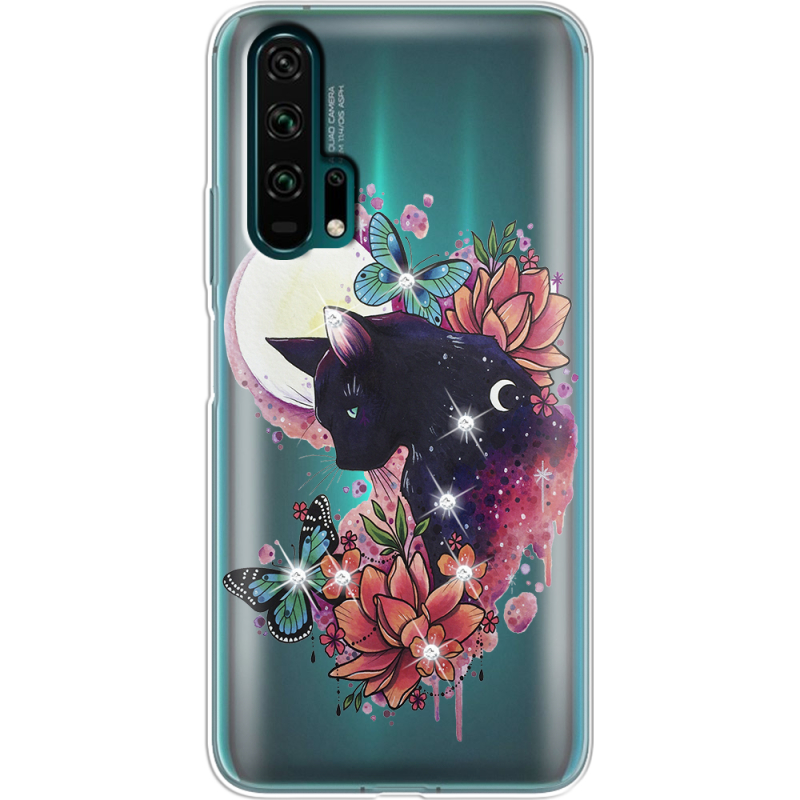 Чехол со стразами Honor 20 Pro Cat in Flowers