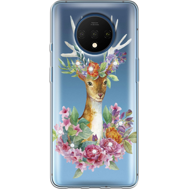 Чехол со стразами OnePlus 7T Deer with flowers