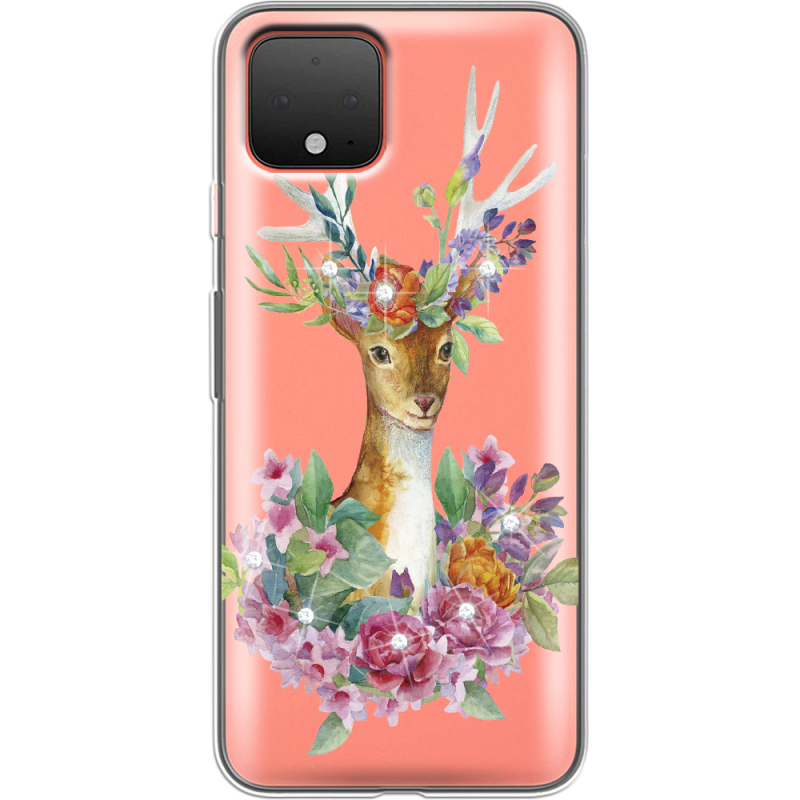 Чехол со стразами Google Pixel 4 Deer with flowers