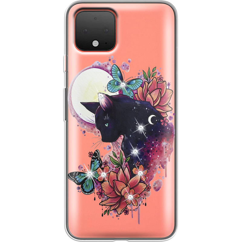 Чехол со стразами Google Pixel 4 Cat in Flowers