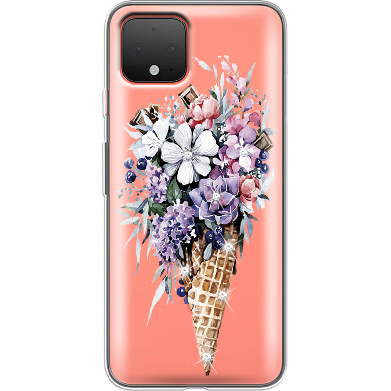 Чехол со стразами Google Pixel 4 Ice Cream Flowers