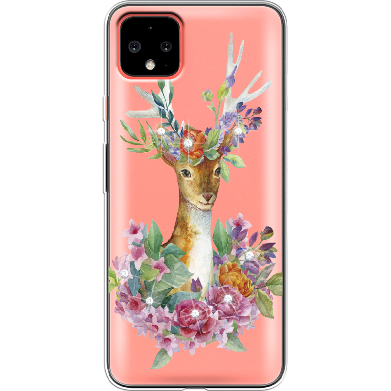 Чехол со стразами Google Pixel 4 XL Deer with flowers