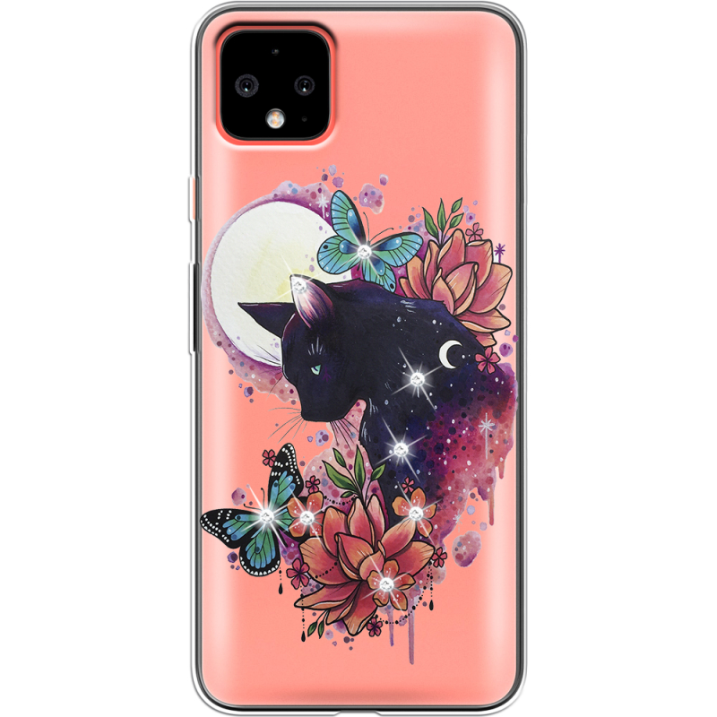 Чехол со стразами Google Pixel 4 XL Cat in Flowers