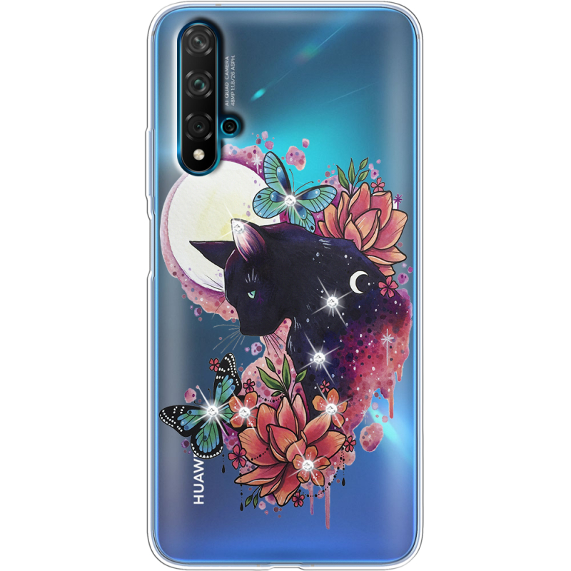 Чехол со стразами Huawei Nova 5T Cat in Flowers