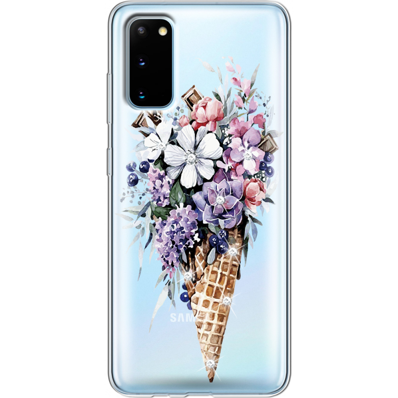 Чехол со стразами Samsung G980 Galaxy S20 Ice Cream Flowers