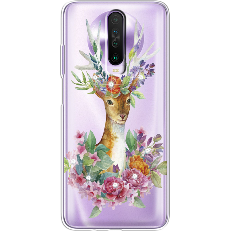 Чехол со стразами Xiaomi Poco X2 Deer with flowers