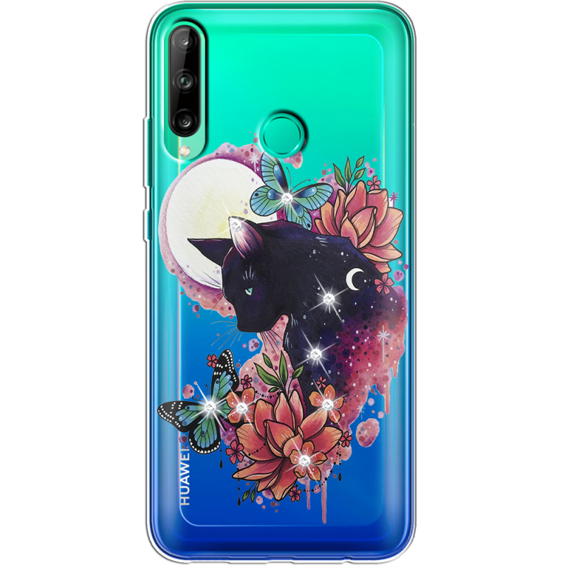 Чехол со стразами Huawei P40 Lite E Cat in Flowers