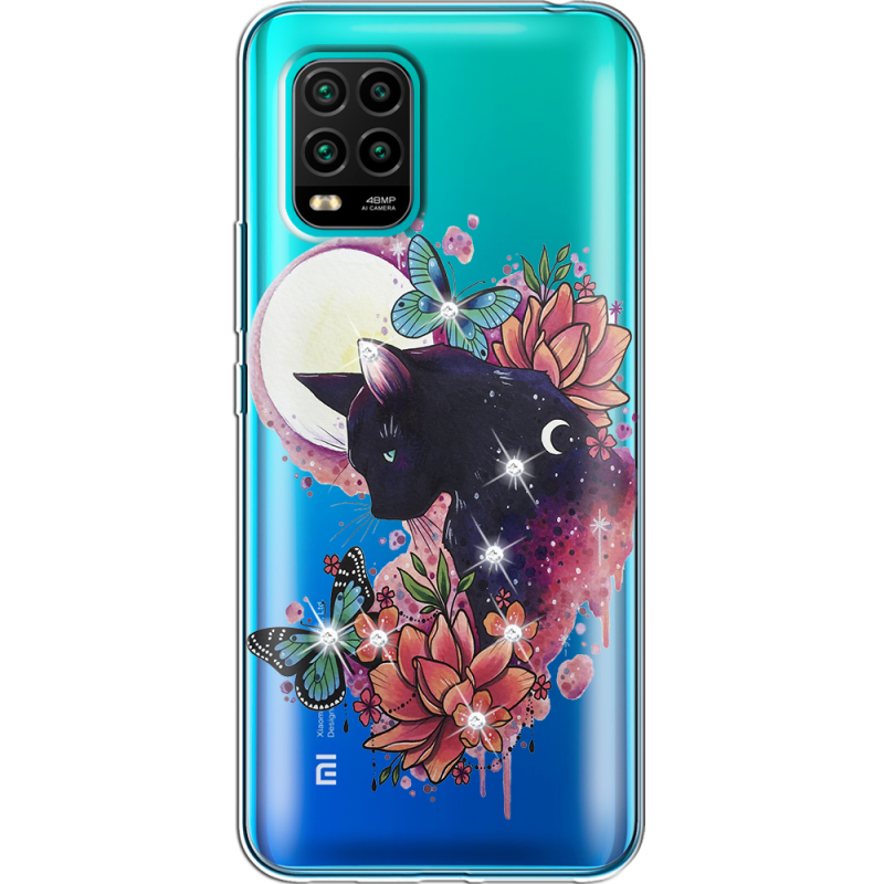 Чехол со стразами Xiaomi Mi 10 Lite Cat in Flowers