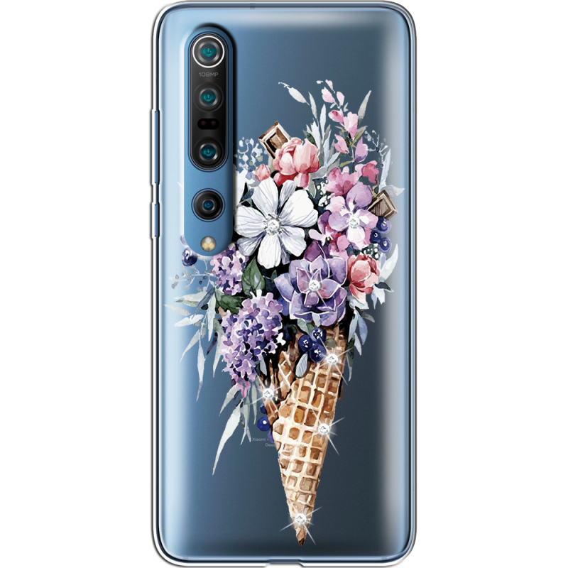 Чехол со стразами Xiaomi Mi 10 Pro Ice Cream Flowers