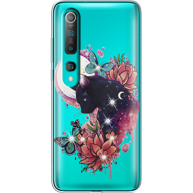 Чехол со стразами Xiaomi Mi 10 Cat in Flowers