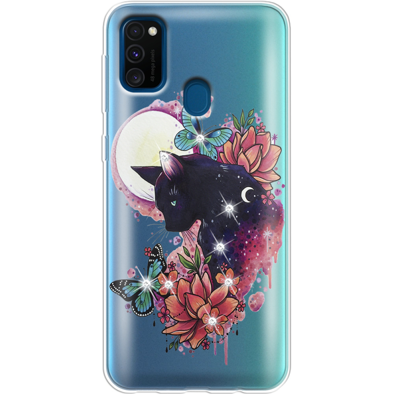 Чехол со стразами Samsung M215 Galaxy M21 Cat in Flowers