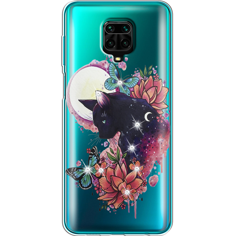 Чехол со стразами Xiaomi Redmi Note 9S Cat in Flowers