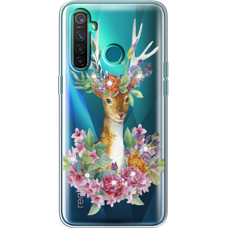 Чехол со стразами Realme 5 Pro Deer with flowers