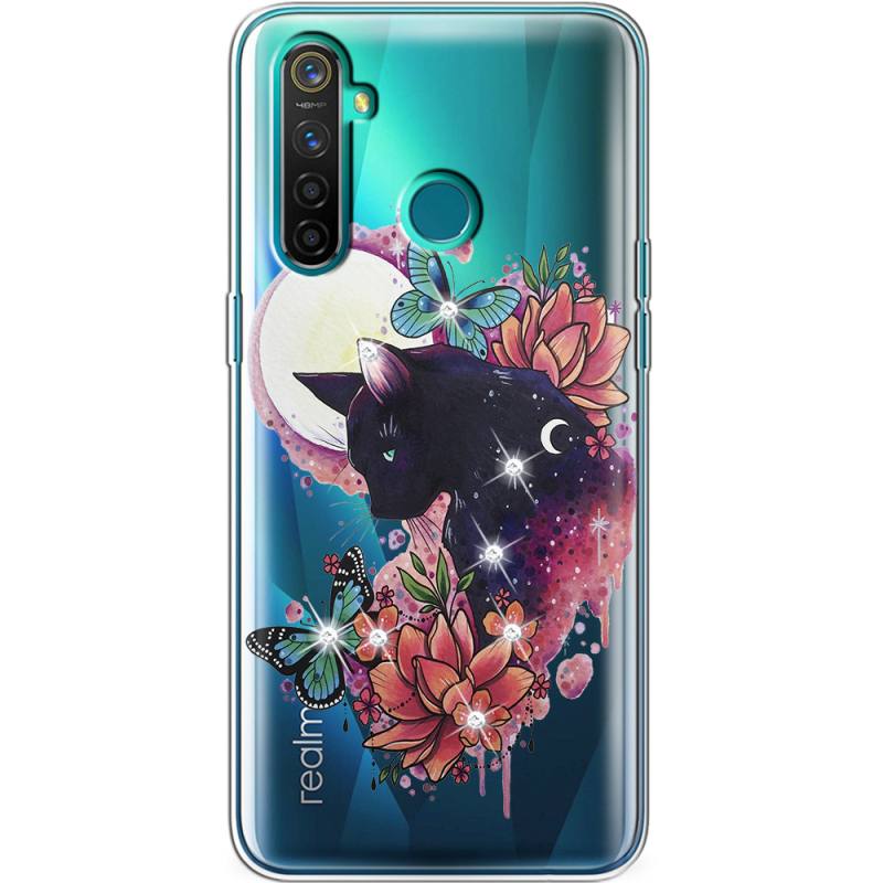 Чехол со стразами Realme 5 Pro Cat in Flowers