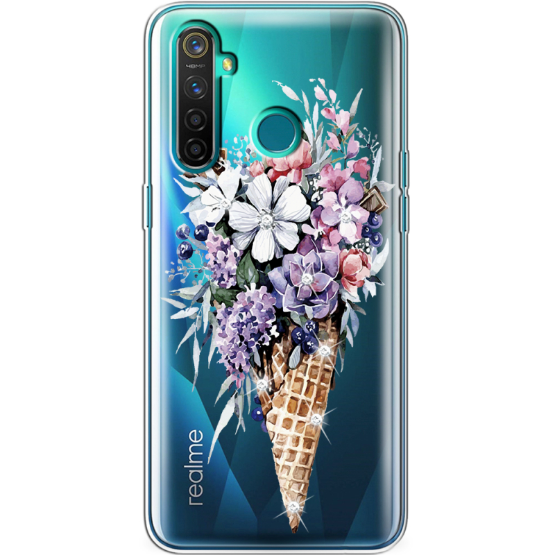 Чехол со стразами Realme 5 Pro Ice Cream Flowers