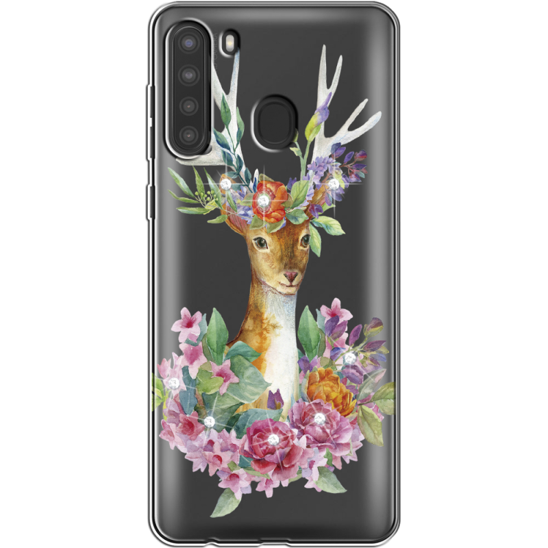 Чехол со стразами Samsung Galaxy A21 (A215) Deer with flowers