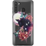 Чехол со стразами Samsung Galaxy A21 (A215) Cat in Flowers
