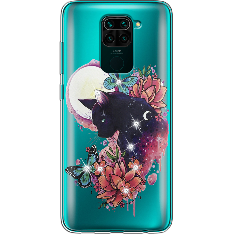 Чехол со стразами Xiaomi Redmi Note 9 Cat in Flowers