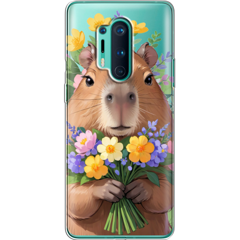 Прозрачный чехол BoxFace OnePlus 8 Pro Капибара з квітами