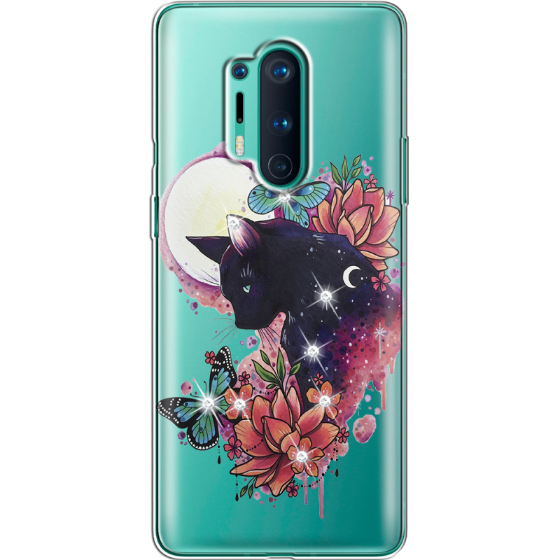 Чехол со стразами OnePlus 8 Pro Cat in Flowers