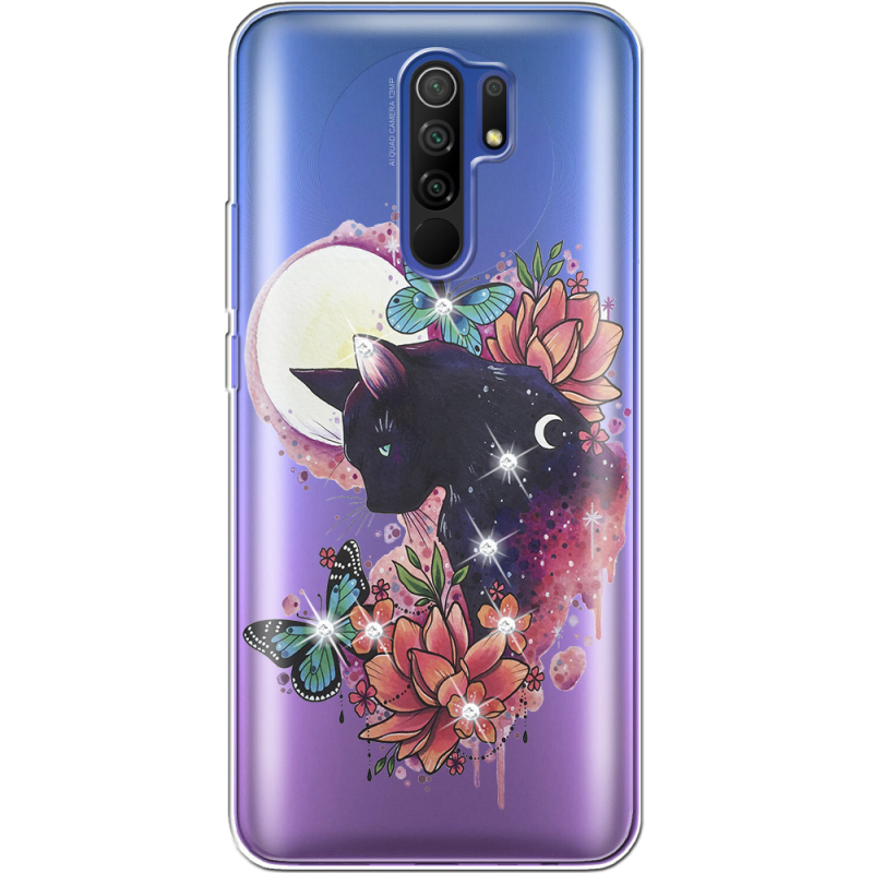 Чехол со стразами Xiaomi Redmi 9 Cat in Flowers