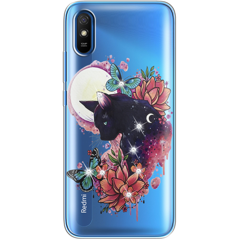 Чехол со стразами Xiaomi Redmi 9A Cat in Flowers