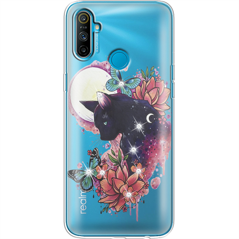 Чехол со стразами Realme C3 Cat in Flowers