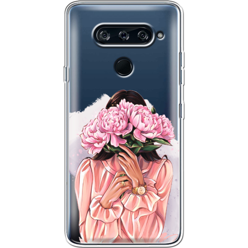 Прозрачный чехол BoxFace LG V40 ThinQ Девушка с Пионами