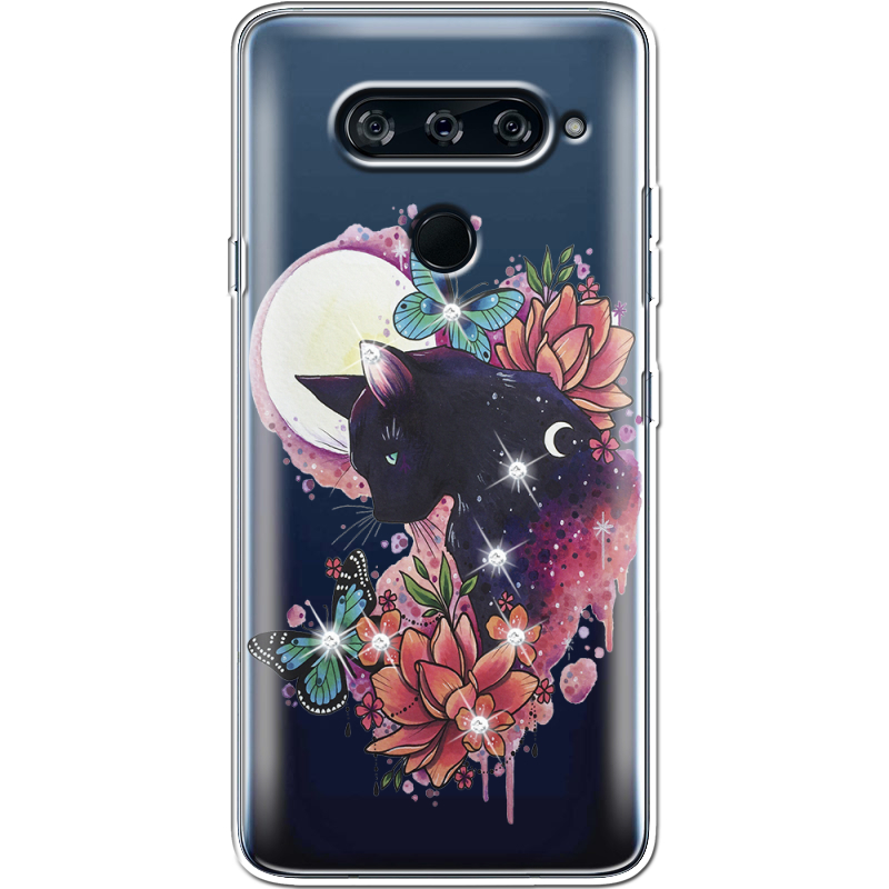 Чехол со стразами  LG V40 ThinQ Cat in Flowers