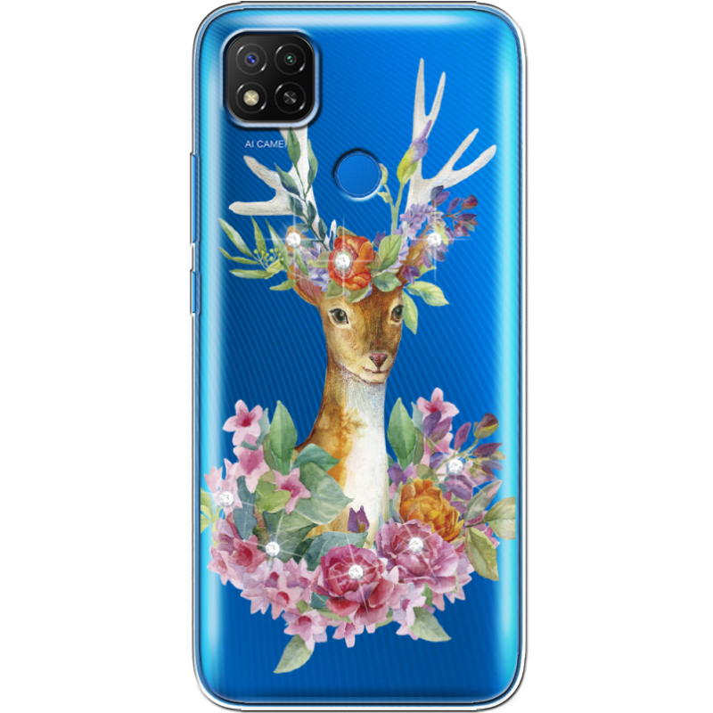Чехол со стразами Xiaomi Redmi 9C Deer with flowers