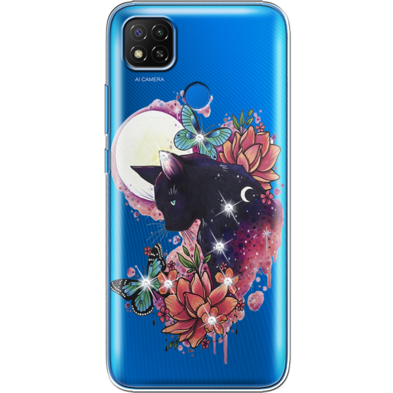 Чехол со стразами Xiaomi Redmi 9C Cat in Flowers