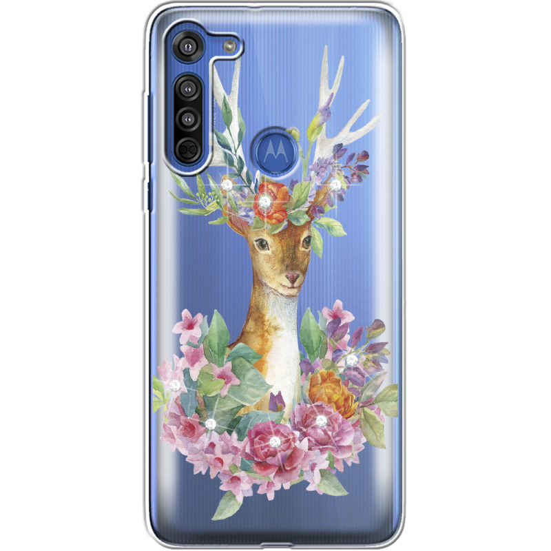 Чехол со стразами Motorola G8 Deer with flowers