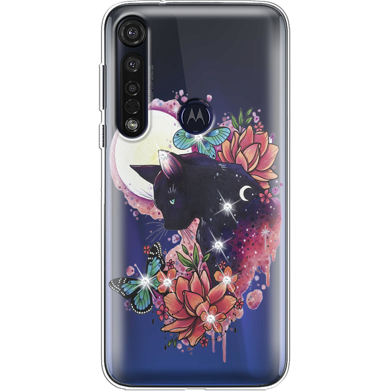 Чехол со стразами Motorola G8 Plus Cat in Flowers