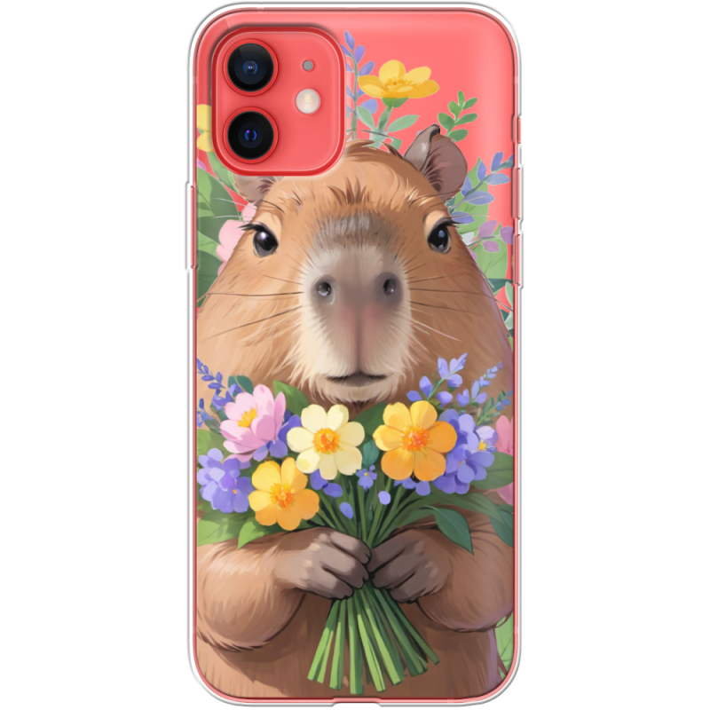 Прозрачный чехол BoxFace Apple iPhone 12 mini Капибара з квітами