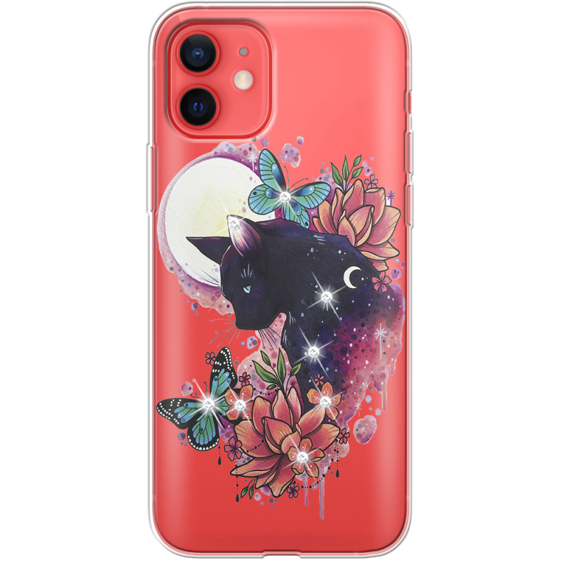 Чехол со стразами Apple iPhone 12 mini Cat in Flowers