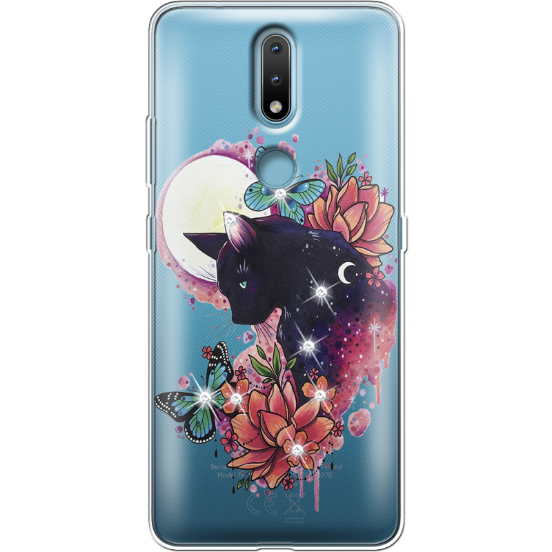 Чехол со стразами Nokia 2.4 Cat in Flowers