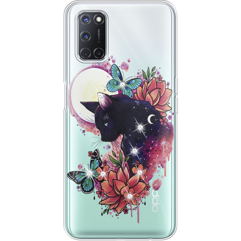 Чехол со стразами OPPO A52 Cat in Flowers