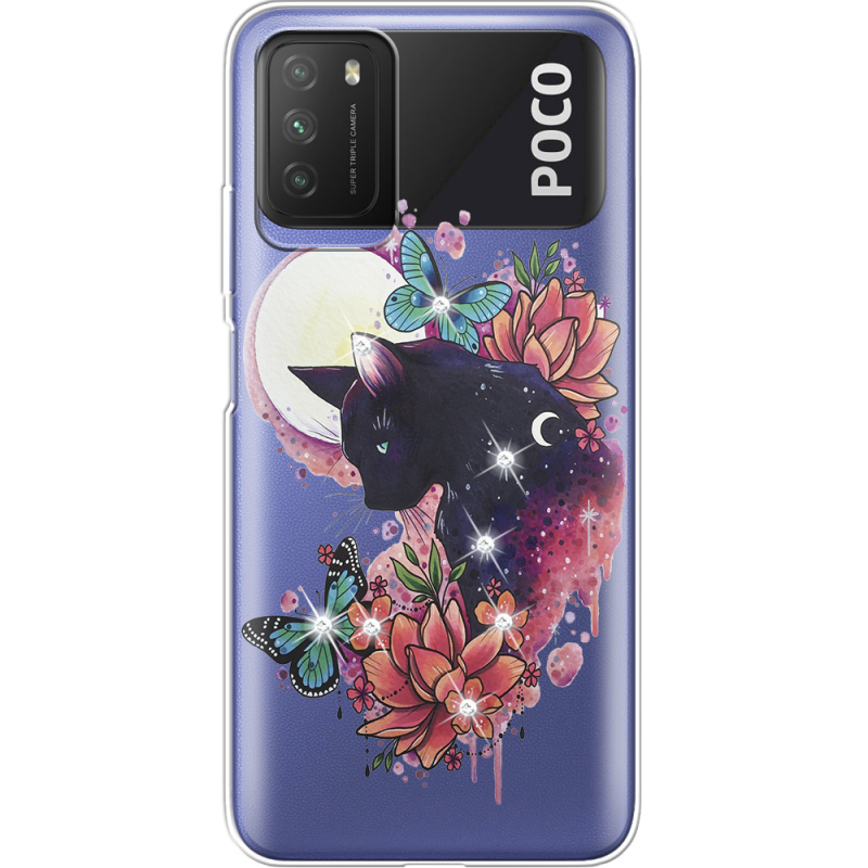 Чехол со стразами Xiaomi Poco M3 Cat in Flowers
