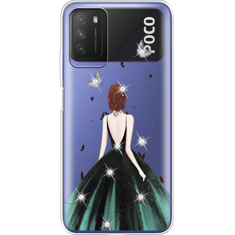 Чехол со стразами Xiaomi Poco M3 Girl in the green dress