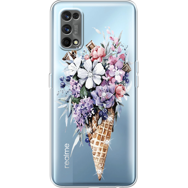 Чехол со стразами Realme 7 Pro Ice Cream Flowers