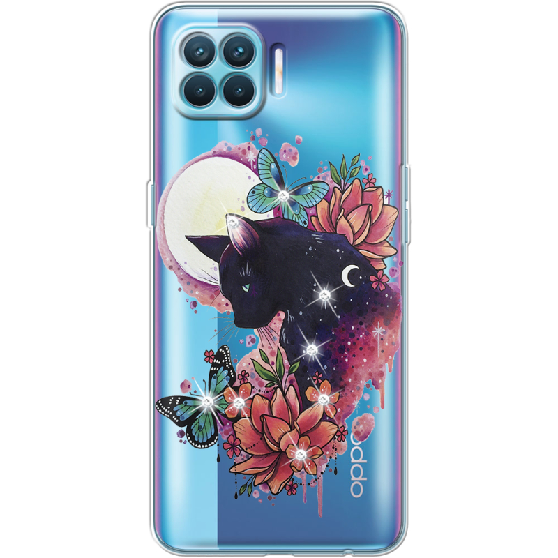 Чехол со стразами OPPO Reno4 Lite/ A93 Cat in Flowers