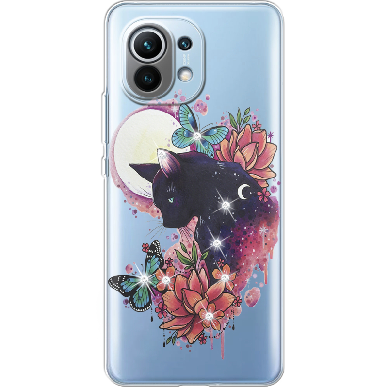 Чехол со стразами Xiaomi Mi 11 Cat in Flowers