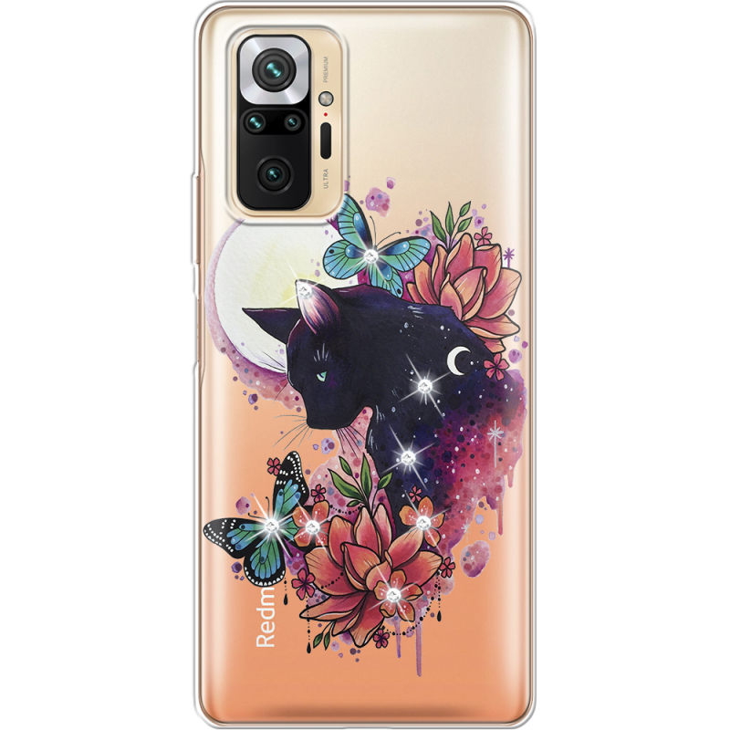 Чехол со стразами Xiaomi Redmi Note 10 Pro Cat in Flowers