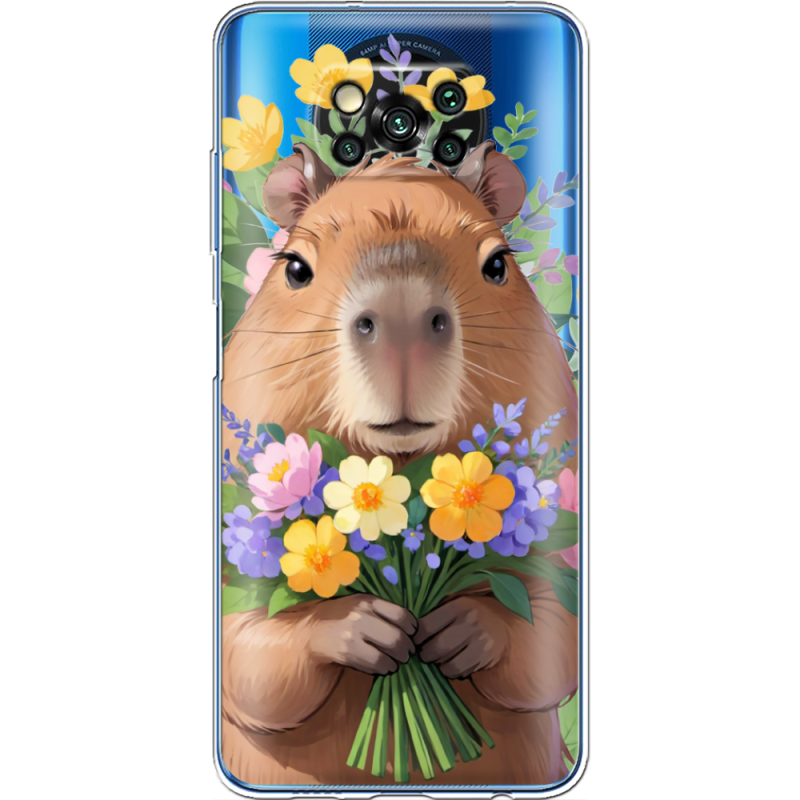Прозрачный чехол BoxFace Xiaomi Poco X3 Pro Капибара з квітами