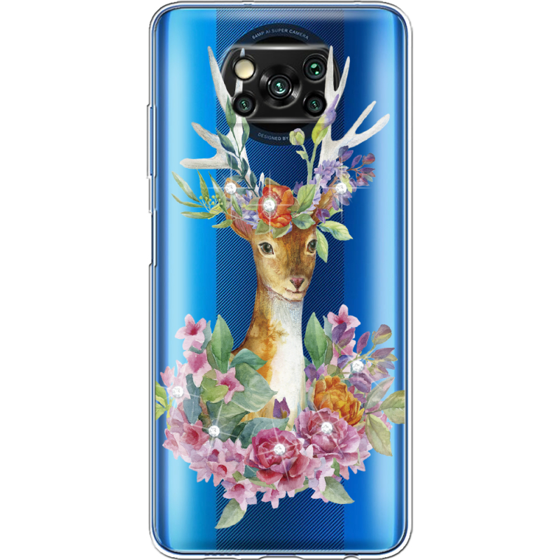 Чехол со стразами Xiaomi Poco X3 Pro Deer with flowers