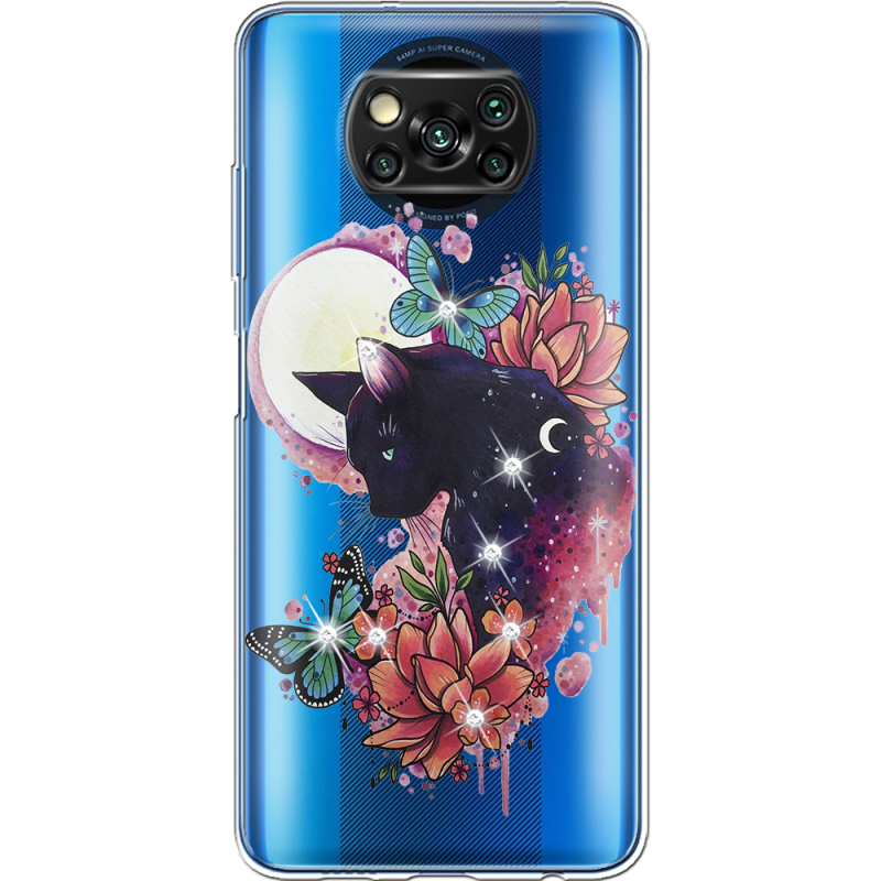 Чехол со стразами Xiaomi Poco X3 Pro Cat in Flowers