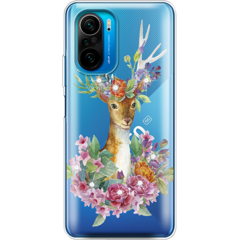 Чехол со стразами Poco F3 Deer with flowers