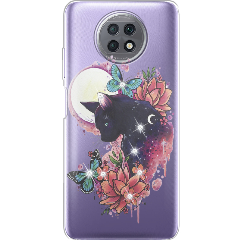 Чехол со стразами Xiaomi Redmi Note 9T Cat in Flowers