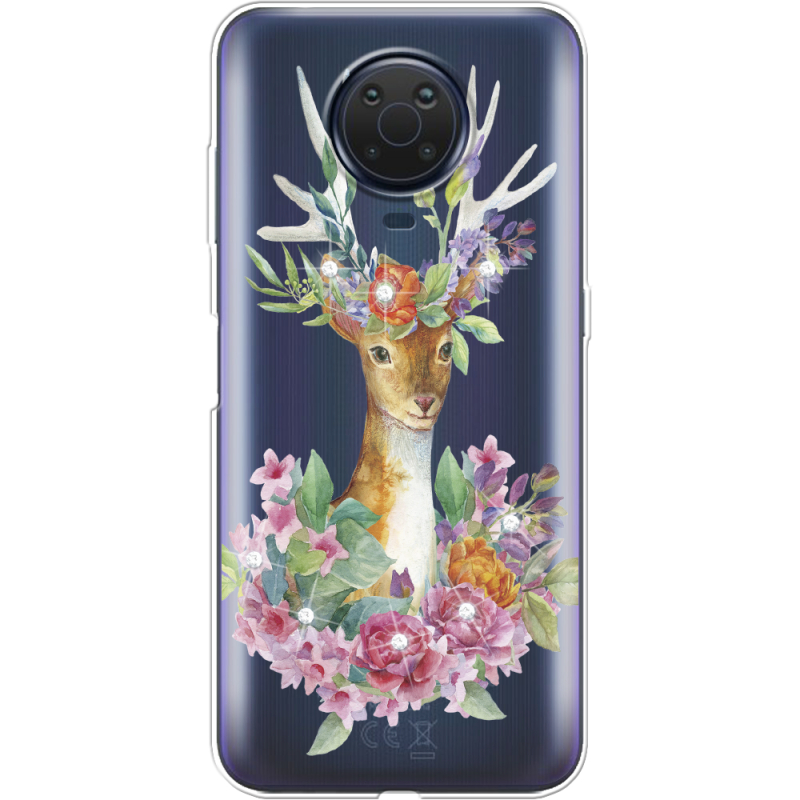Чехол со стразами Nokia G10 Deer with flowers