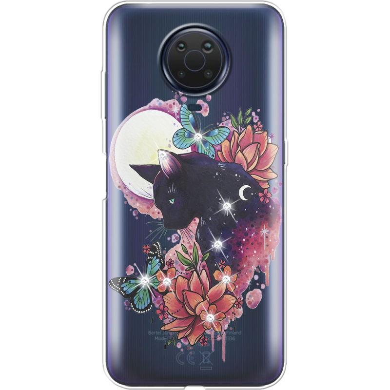 Чехол со стразами Nokia G10 Cat in Flowers